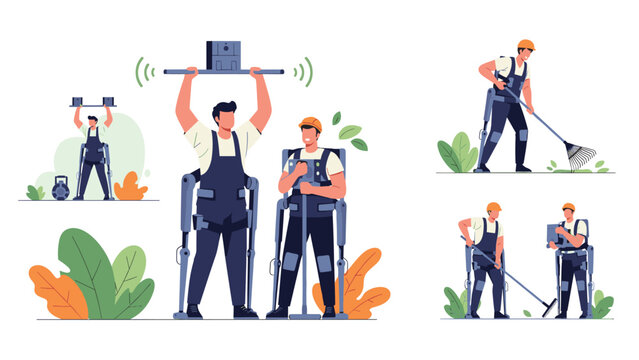 Workers wearing robotic exoskeleton suits to help them lift heavy objects and perform manual labor tasks more efficiently and safely on the job.