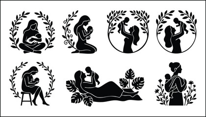 Obraz premium Mother and baby silhouettes inside elegant botanical floral wreath vector illustrations.