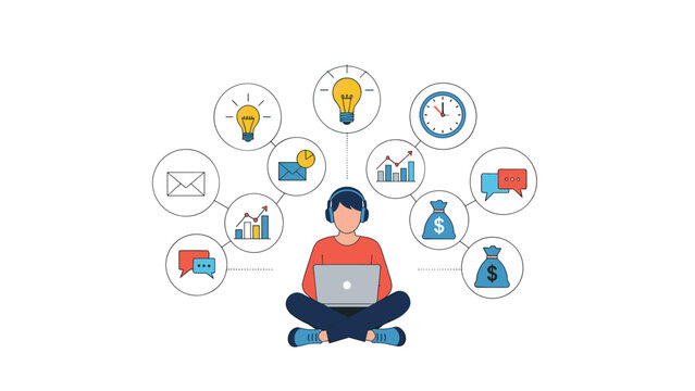 Skilled professional multitasking while working on a laptop surrounded by various icons representing ideas and business tasks.