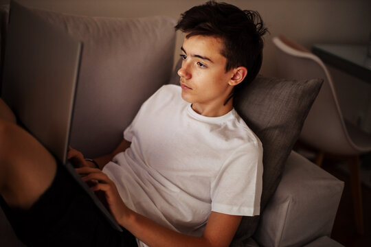 Concentrated teenage student browsing internet