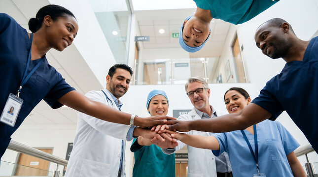 Diverse multicultural team of doctors and nurses joining hands in a huddle at a modern hospital corridor representing medical unity teamwork healthcare collaboration and success