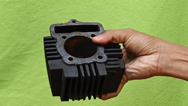 A man is holding Used black honda ex5 Motorcycle Engine Cylinder Block on green background. Mechanic and Spare Parts Concept.