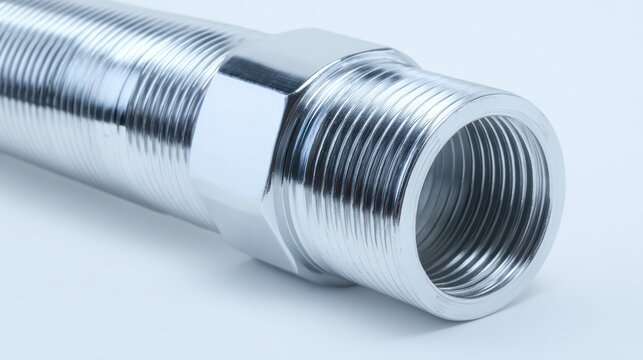 Close up of a metallic threaded pipe against a white background