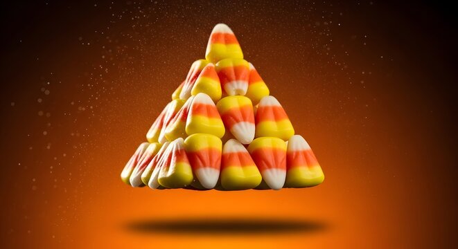 Halloween candy corn pyramid, festive autumn sweets, orange and yellow sugar treats on dark background