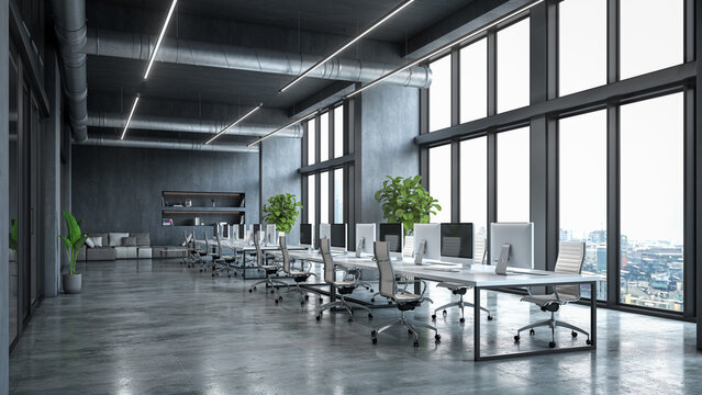 Modern open space office interior with large windows, concrete walls and minimalist design. . 3D illustration