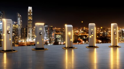 Obraz premium Modern Electric Vehicle Charging Stations in Urban Landscape with City Skyline at Night