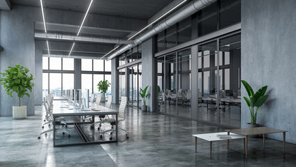 Modern open space office interior with large windows, concrete walls and minimalist design. . 3D illustration