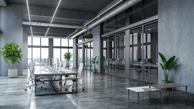Modern open space office interior with large windows, concrete walls and minimalist design. . 3D illustration