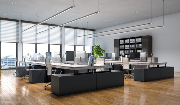 Modern open space office interior with minimalist design, workstations with computers and ergonomic chairs, wooden floor and large panoramic windows with city view. 3D illustration