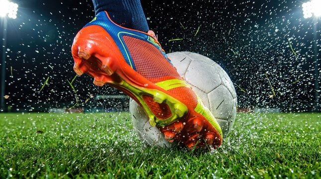 Soccer player foot in orange cleat kicking white ball on wet grass with dramatic water splashes.
