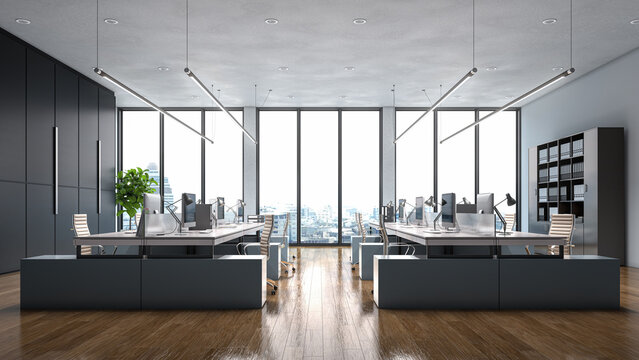 Modern open space office interior with minimalist design, workstations with computers and ergonomic chairs, wooden floor and large panoramic windows with city view. 3D illustration