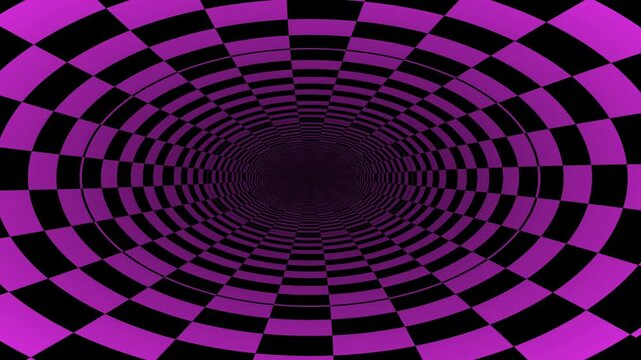 Purple tunnel checker illusion geometric depth seamless loop motion background abstract hypnotic perspective infinite corridor pattern vibrant digital dynamic grid warp symmetry visual effect futurist