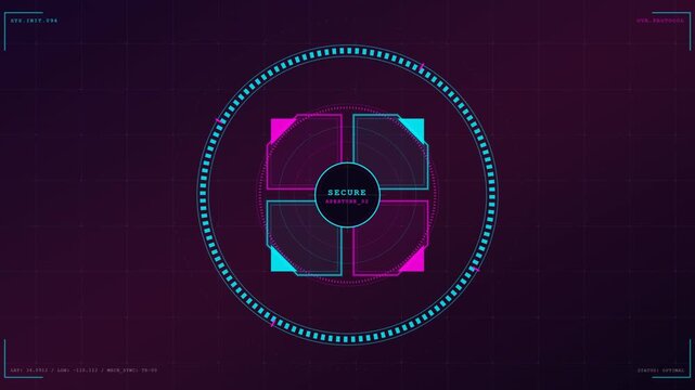 Futuristic HUD digital security interface animation with neon graphics and rotating circular elements for high tech system protocol