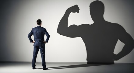 Naklejka premium Man facing his strong shadow flexing muscles