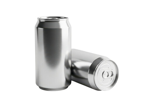 Two silver aluminum cans on transparent background, representing drinks, beverages, soda, energy drinks, or beverages packaging and containers.