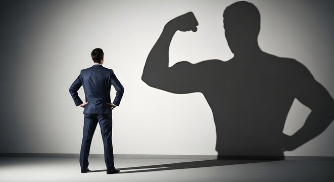 Man facing his strong shadow flexing muscles