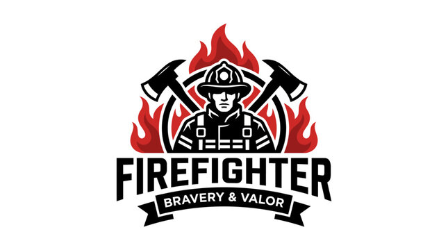 This logo showcases a brave firefighter, equipped with axes and surrounded by flames, embodying valor and courage in firefighting, a symbol of emergency response.