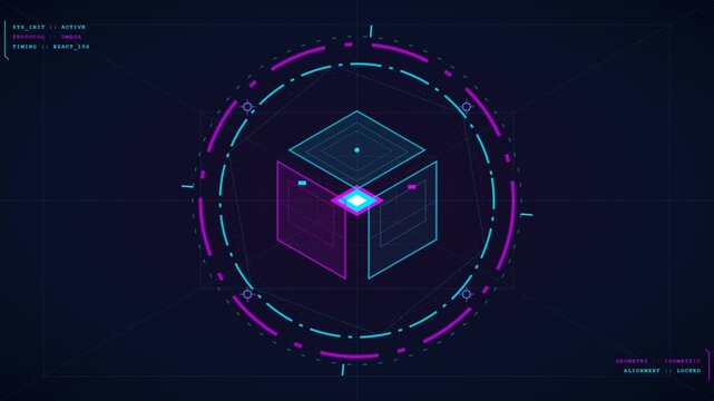 Futuristic HUD interface animation with a rotating holographic 3D cube and digital telemetry data on dark blue background