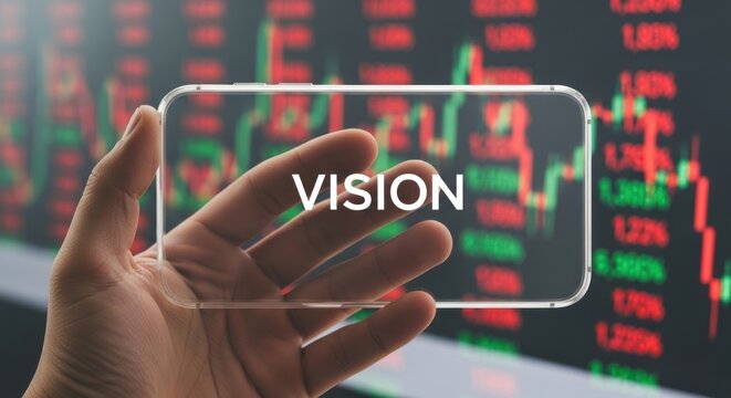 Hand holding transparent glass screen with vision text over financial stock market charts, for strategic planning, corporate foresight, successful business growth projections
