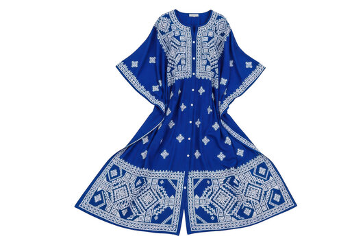 Vibrant blue kaftan dress with intricate white embroidery and a flowing silhouette, detailed ethnic pattern, isolated on transparent background.
