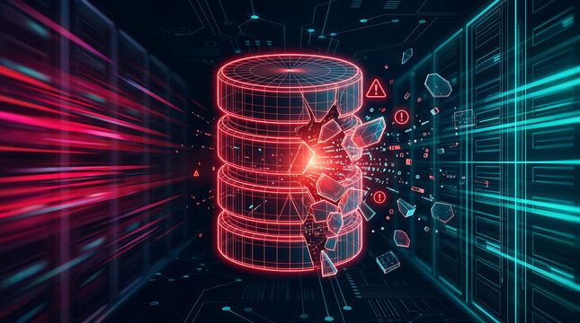 Cybersecurity data breach concept with shattered glowing red wireframe database icon and warning symbols in a dark digital server room representing hacked information and system risk
