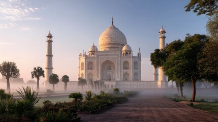 Obraz premium Majestic Taj Mahal at Sunrise Amidst Misty Landscape with Lush Gardens and Tranquil Pathway