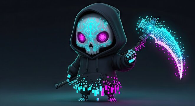 A fantasy character wearing a dark hooded cloak wielding a glowing blue scythe with purple energy effects representing a digital grim reaper entity emerging from the shadows in an action pose