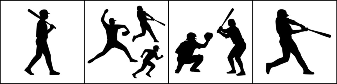Black Silhouettes of Baseball Players in Action, Including Batting, Pitching, Catching, and Running Scenes for Sports Illustration