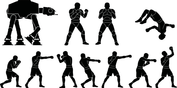 Black Silhouettes of Mechanical Walker and Athletes in Boxing, Backflip, and Dynamic Motion Poses for Sports and Concept Illustration