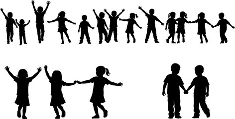 Fototapeta premium Children silhouettes collection with kids holding hands playing jumping friendship childhood joy isolated on white background for creative design use