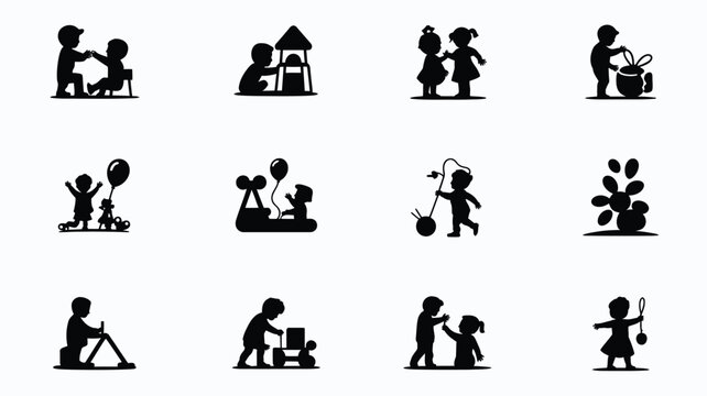Black silhouettes of children playing and interacting in various fun activities on white background