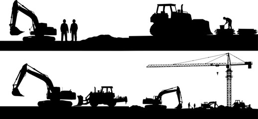 Fototapeta premium Construction landscape silhouettes with excavators bulldozer crane workers and heavy equipment industrial building site panorama isolated on white background
