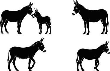 Fototapeta premium Donkey silhouette set featuring farm animals in various poses including standing, walking, and mother with foal in rural livestock design