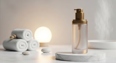 Naklejka premium Natural skincare liquid lotion dispenser container placed on a luxury marble stone platform with soft wellness spa environment featuring rolled fabric towels and glowing ambient light for health