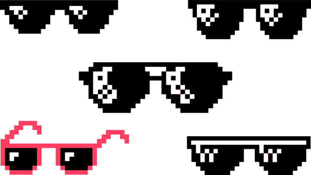 Pixelated Sunglasses Icons in Retro 8-Bit Style Featuring Meme-Inspired &ldquo;Deal With It&rdquo; Glasses for Digital Art Illustration