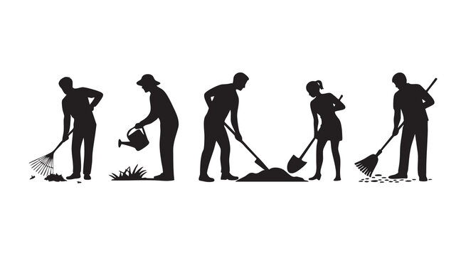 Collection of five gardening silhouettes engaging in various outdoor yard work activities