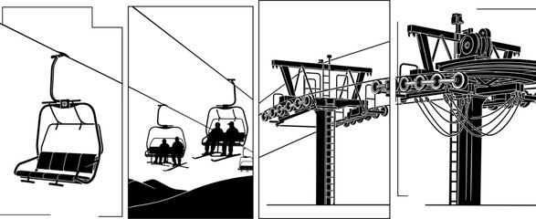 Ski lift and cable car silhouettes collection with mountain transport chairs gondola system winter resort infrastructure isolated on white background © MdMotahar