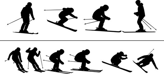 Skiing silhouettes collection with winter sport action poses downhill movement adventure activity isolated on white background for design use © MdMotahar