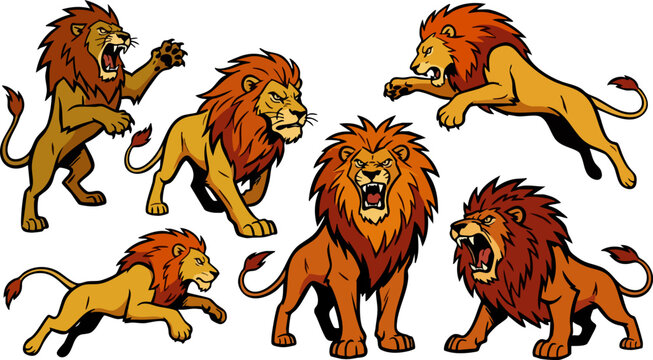 Aggressive lion mascot vector set, roaring wild cat character collection, 6 fierce lions in jumping and pouncing poses for sports team branding
