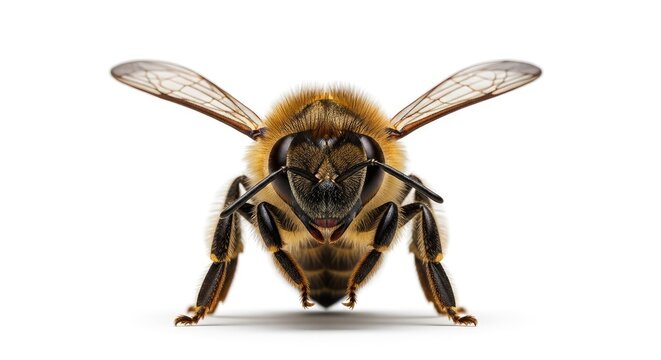 A fuzzy honeybee spreads its wings wide while standing firmly on the ground showing the intricate textures of its thorax and multifaceted eyes during a warm day of foraging for fresh nectar