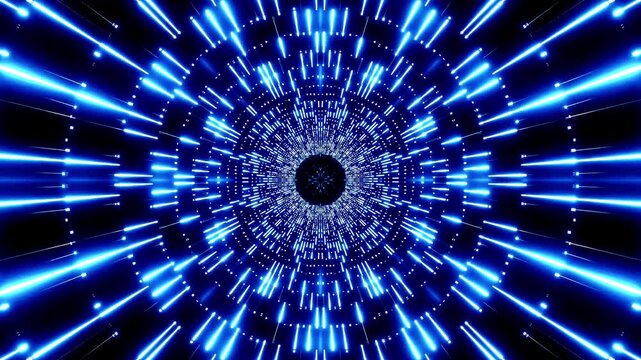Blue light tunnel rays move in a symmetrical futuristic pattern through a dark digital space.