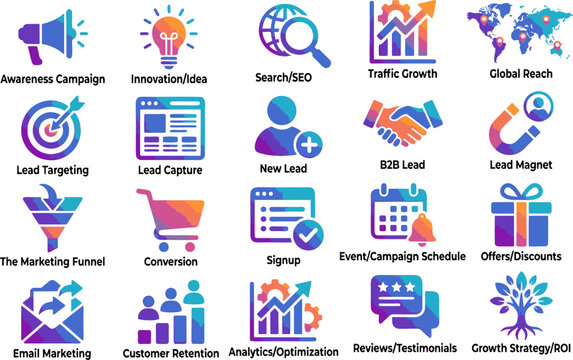 Digital marketing icons illustrate various online business strategies and tools.