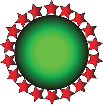 Vibrant green circular badge with red star border, decorative round frame with celestial elements, festive holiday emblem vector illustration