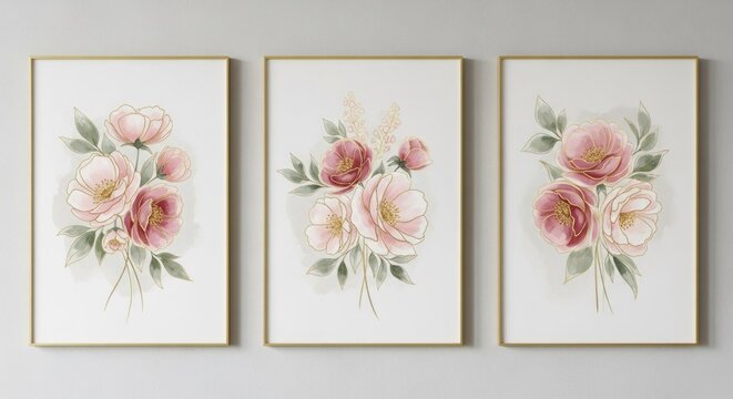 Three decorative wall frames showcasing artistic floral arrangements featuring soft pink peony petals and green leaves displayed on a interior surface for residential living room or office wall