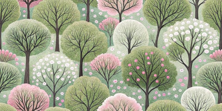 Seamless pattern with green and pink trees