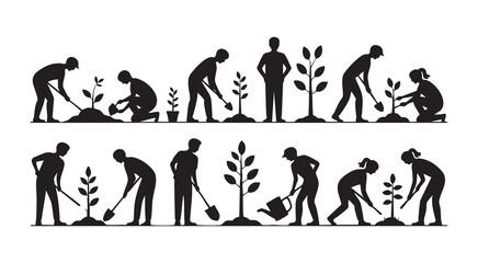 Obraz premium Collection of twelve planting and gardening silhouettes showing various activities with plants and tools