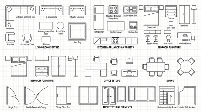 CAD Architecture Interior Floor Plan Library with Furniture and Architectural Elements
