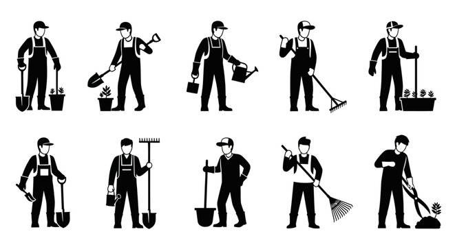 Set of garden workers with tools and plants