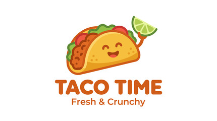 Fototapeta premium This playful logo features a happy taco character holding a lime, symbolizing freshness and crunchiness; ideal for a restaurant or food brand focused on Mexican cuisine.