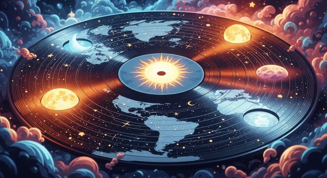 Flat Earth Vinyl Disc Floating In Starry Cosmos